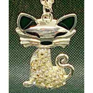 ARTICULATED 3D ST & Enamel Puffy Cat Rhinestones Necklace Heart Cutout Back Gift